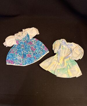 Gotz Set Of 2 Vintage Blue Floral & Green Floral Baby Doll Dresses W/ Gotz Logo